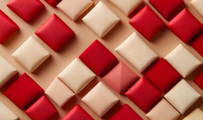 Poster - Patterned arrangement of red and beige diamond-shaped padded objects on a flat surface