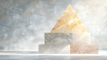 Poster - Geometric marble pyramid arrangement minimalistic studio space textured background soft lighting artistic