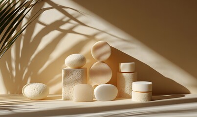 Poster - Minimalist arrangement of cosmetic sponges with geometric shapes and soft lighting