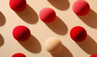 Poster - Textured red and beige spheres on a neutral backdrop creating shadows and a modern pattern