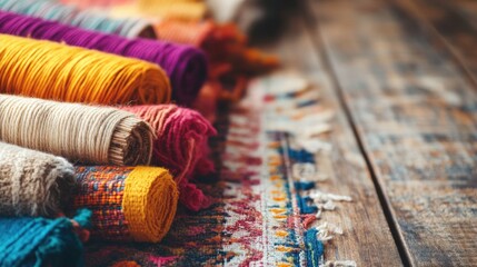 Poster - Colorful threads and yarn rolls on a wooden surface with a decorative woven textile Copy Space