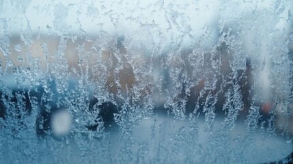 Poster - Frosted window with condensation drops creating textured pattern and blurred background of a cold winter day moisture on glass Copy Space