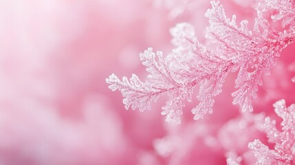 Wall Mural - Frosted pink leaves with delicate ice crystals on blurred background Copy Space