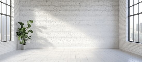 Poster - Empty modern interior with large windows illuminating a white brick wall and a potted plant beside it with Copy Space