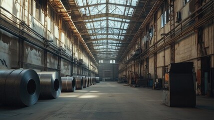 Poster - Industrial warehouse interior with large metal coils and high ceiling, natural light pouring through windows, Copy Space available.