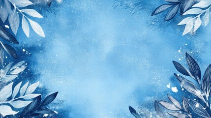 Poster - Blue watercolor background with leafy floral border and copy space for text. Soft texture and artistic design elements.