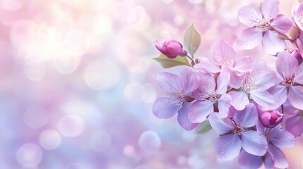 Poster - Delicate blooming pink flowers with soft pastel background and bokeh effects Copy Space