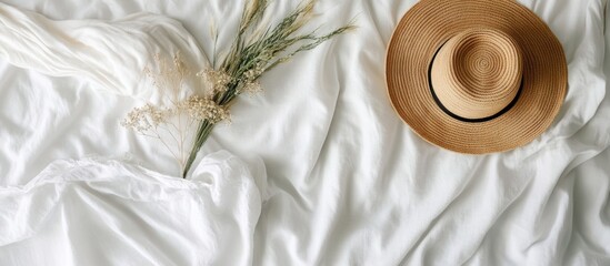 Poster - White fabric background with straw hat and dried flowers composition, flat lay style, Copy Space.
