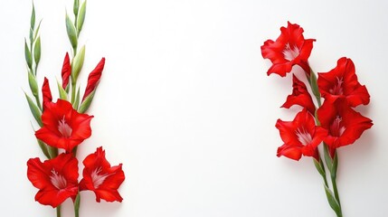 Poster - Red gladiolus flowers arranged on a white background with copy space for text placement.