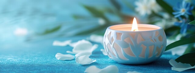Poster - White decorative candle surrounded by flower petals on a turquoise background with copy space for text.
