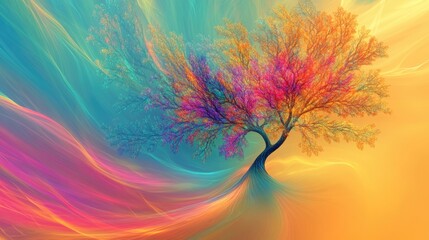 Poster - Colorful tree against a vibrant abstract background with swirling patterns and soft gradients Copy Space
