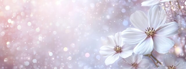 Poster - Delicate white flowers with soft bokeh background creating a peaceful atmosphere with Copy Space for text insertion