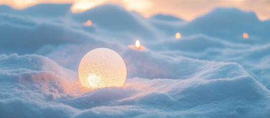 Poster - Glowing spherical light on snowy ground with soft focus and warm ambiance Copy Space