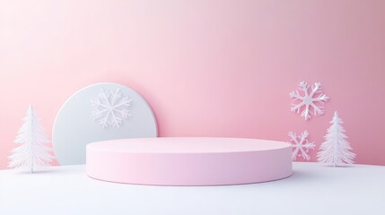 Poster - Winter themed display podium with pastel pink background, decorative snowflakes and white trees, suitable for product presentation Copy Space