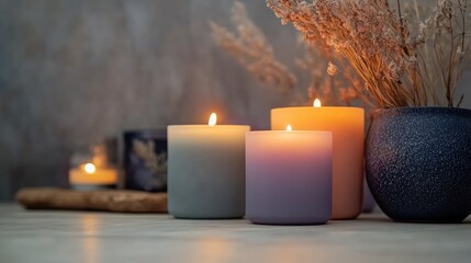 Poster - Colorful scented candles lit in a cozy atmosphere with dried flowers in a vase and soft background Copy Space