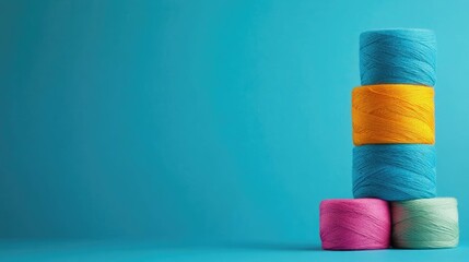 Poster - Colorful spools of thread stacked on a solid turquoise background with Copy Space for text placement