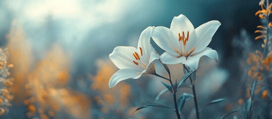 Poster - Soft focus white lilies surrounded by blurred green foliage and warm highlights with Copy Space for text insertion.