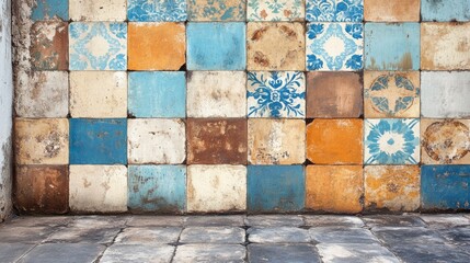 Poster - Vintage wall with distressed ceramic tiles in blue, orange, and white color patterns with copy space for text.