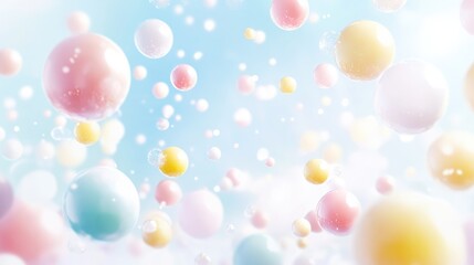 Poster - Colorful pastel bubbles floating in a dreamy soft-focus background with light blue and white tones Copy Space