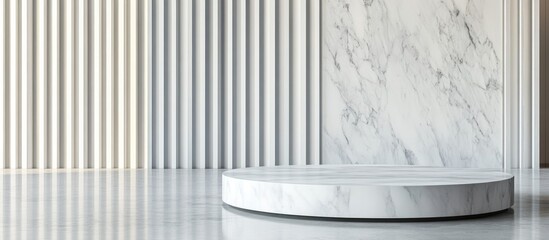Poster - Marble platform display in modern interior with vertical slat walls and glossy floor featuring ample copy space for text.