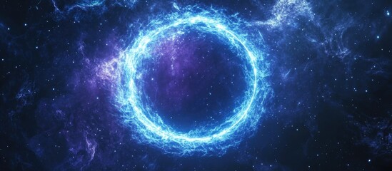 Poster - Vibrant cosmic portal with glowing blue energy ring against a dark starry background with Copy Space for text placement