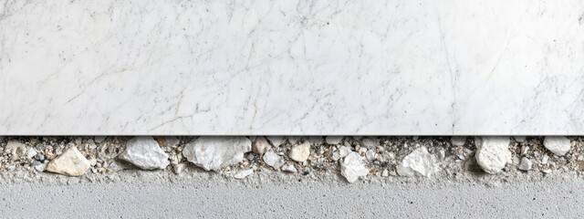 Poster - Textured surface of white marble above a layer of pebbles and concrete slab with Copy Space for design.