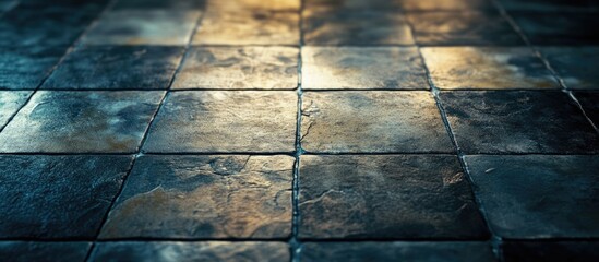 Poster - Textured dark tiled floor with reflections and shadows in a dimly lit environment Copy Space
