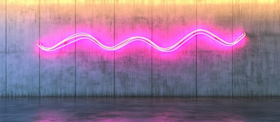 Fototapete - Neon pink light wave on textured concrete wall with reflective floor and copy space for text placement