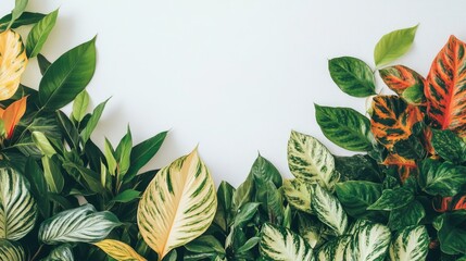 Poster - Colorful assortment of tropical leaves with varied textures and colors on a plain background with ample copy space for text placement