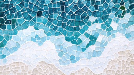 Poster - Textured mosaic pattern of blue and turquoise tiles resembling ocean waves on a sandy beach Copy Space