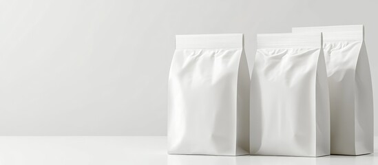 Poster - Three blank white sachets standing on a clean surface with a light gray background and ample Copy Space for text placement