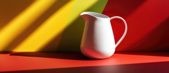 Fototapete - White ceramic pitcher on a colorful background with geometric shapes and shadows Copy Space