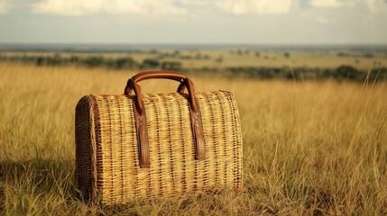Poster - Woven wicker basket with leather handles placed on dry grassland under a cloudy sky Copy Space