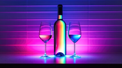 Poster - Colorful illuminated wine bottle and two glasses on a table with abstract background light patterns Copy Space