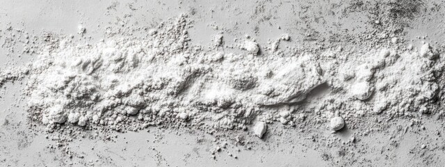 Poster - White powder spread on a gray surface with fine particles around it and Copy Space for text placement.