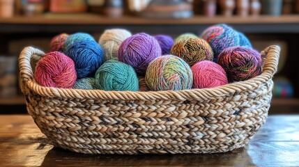 Poster - Colorful yarn balls in a wicker basket on wooden surface with blurred background and copy space for text