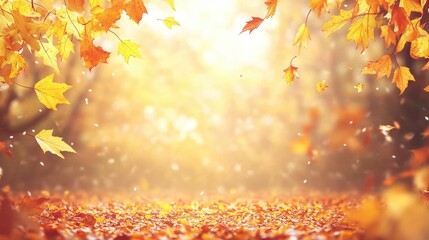 Poster - Autumn foliage with vibrant yellow leaves on trees and ground illuminated by soft sunlight with Copy Space for text placement