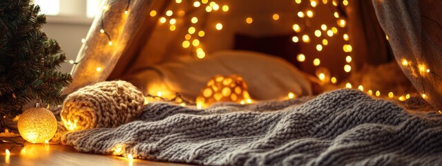 Poster - Cozy indoor scene with warm fairy lights and knitted blanket, soft bed in background, Copy Space for text