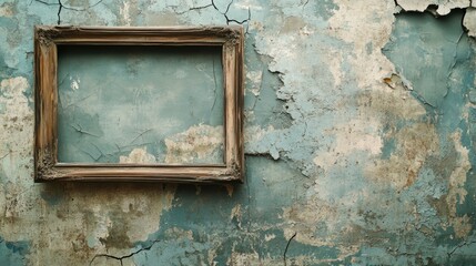 Poster - Old rustic photo frame on cracked and peeling blue wall background with copy space for text or images.