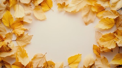 Poster - Autumn yellow leaves arranged in a circular frame on a light background with copy space for text or graphics