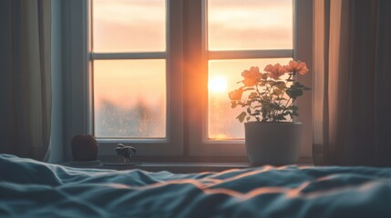 Poster - Cozy bedroom interior with window at sunset featuring flower pot and soft bed linens with copy space for text.