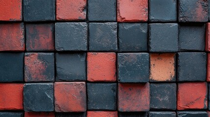 Poster - Textured surface of red and black square tiles with one orange tile, abstract pattern, high angle view, Copy Space available.