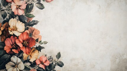 Poster - Vintage floral background with colorful blossoms and leaves on textured paper and ample copy space on the right side for text placement