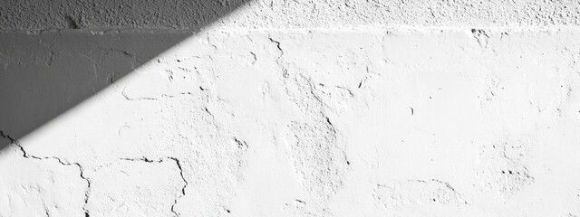 Poster - Textured white wall with shadow and cracks, monochrome background with ample copy space for text placement.