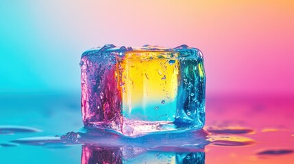 Poster - Colorful ice cube with water droplets on reflective surface and gradient background with vibrant hues of pink, blue, and yellow Copy Space