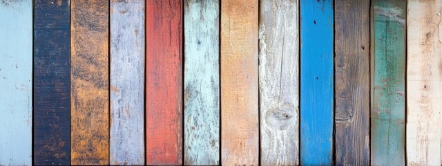 Poster - Colorful weathered wooden planks arranged in a horizontal pattern with copy space for text placement