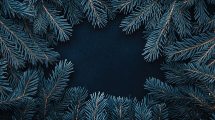 Poster - Dark background framed with evergreen pine branches creating a natural border and copy space for text placement