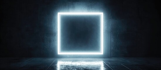 Fototapete - Bright neon glowing square frame against a dark textured background with reflective floor Copy Space
