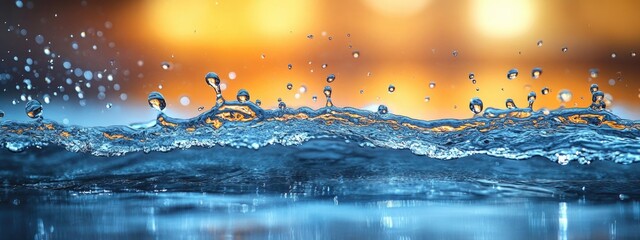 Poster - Water droplets splashing on a surface with blurred warm background and bokeh lights Copy Space