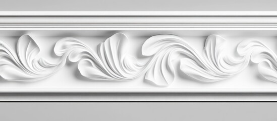 Poster - White ornamental decorative molding with intricate wave patterns on a light gray background Copy Space